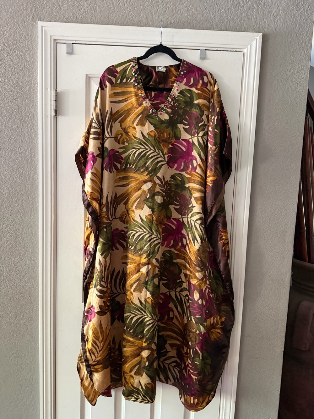 Vintage 1990s Sante Classics Tropical Floral Beaded Caftan Maxi Dress One Size